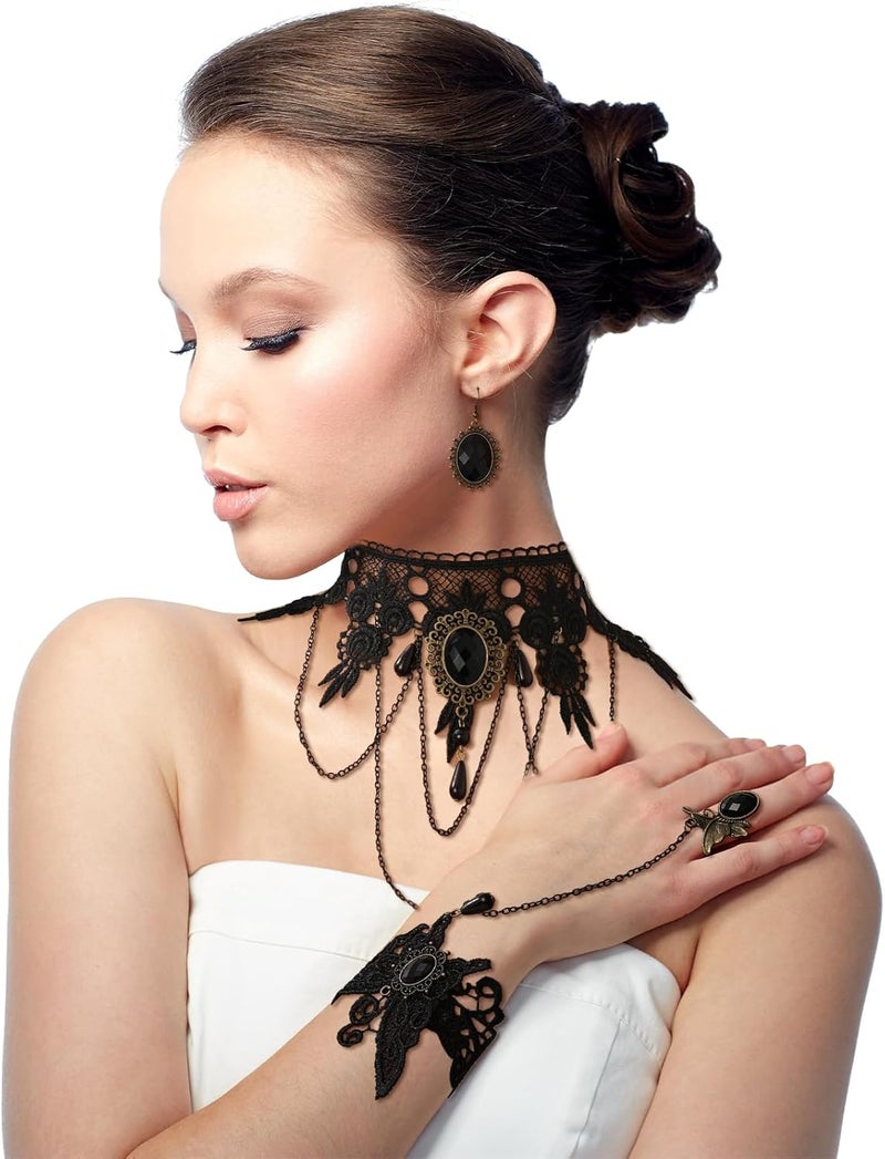 ELLEZZA Gothic Victorian Style Vampire Choker Necklace Bracelet Earrings Set,Halloween Pirate Steampunk Witch Vampire Costume Accessories Jewelry for Women,Adjustable Size - Image 2